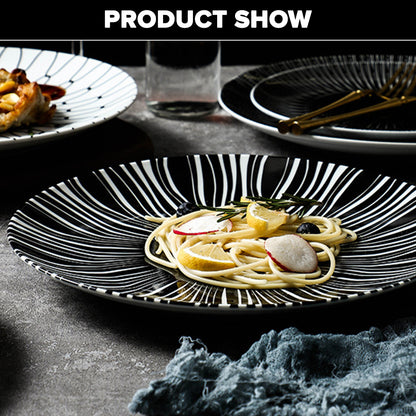 Locaupin Porcelain Dessert Dinner Plate Black and White Stripe Pattern Dinnerware For Salad Steak Pasta Serving Dish Microwave Safe