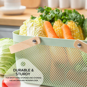 Locaupin Plastic Mesh Basket with Wooden Handle Cosmetic Organizer Kitchen Fruit Vegetable Storage Multifunctional Salon Spa Shopping Bin