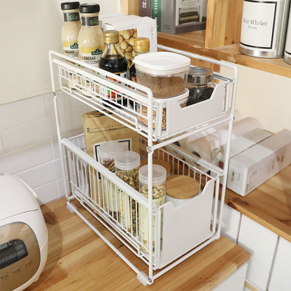 Two Tier Kitchen Drawer Design Organizer Metal Sliding Storage for Bottled Condiments and Bathroom Essentials (Large)