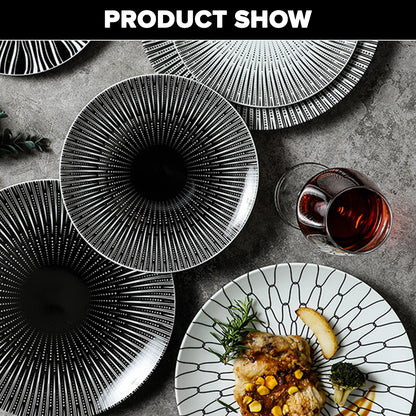 Locaupin Porcelain Dessert Dinner Plate Black and White Stripe Pattern Dinnerware For Salad Steak Pasta Serving Dish Microwave Safe