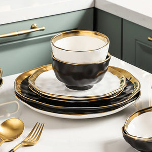 Locaupin Golden Rim Elegant Textured Porcelain Tableware Pasta Bowl Luxury Dinner Plate Party Wedding Dessert Steak Serving Dish