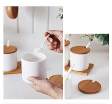 Load image into Gallery viewer, Locaupin Set of 3 Porcelain Bamboo Lid Kitchen Condiment Seasoning Jar Tray with Teaspoon Sugar Pepper Spice Pot Container
