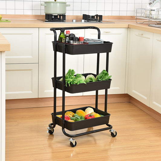 3-Tier Kitchen Utility PP Plastic Tray Trolley Shelf Rack Organizer with Locking Wheels and Handle