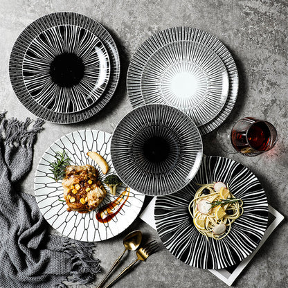 Locaupin Porcelain Dessert Dinner Plate Black and White Stripe Pattern Dinnerware For Salad Steak Pasta Serving Dish Microwave Safe