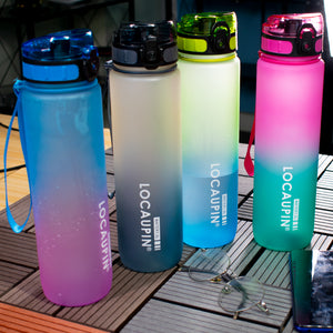 Locaupin Gradient Frosted Fitness Sports Water Bottle Snap Design Lid For Student to Outdoor Running Cycling Gym Workout Office School
