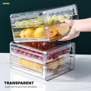 Locaupin Food Storage Double Layer Stackable Drawer Type Container Removable Drain Tray Refrigerator Fruit Vegetable Fridge Organizer Fresh Keeper Bin