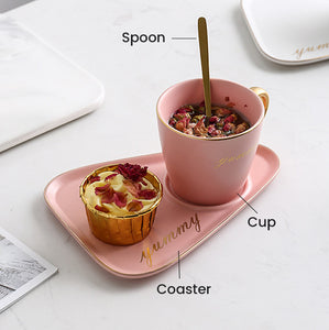 Locaupin European Luxurious Office Drinking Tea Ceramic Mug Coffee Cup with Saucer Plate and Spoon Set