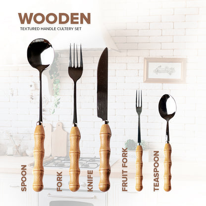Locaupin Stainless Steel Bamboo Handle Silverware Cutlery Utensils Spoon Knife Two Prong Fruit Fork Teaspoon Dining Table Serving Dish Dessert Appetizer