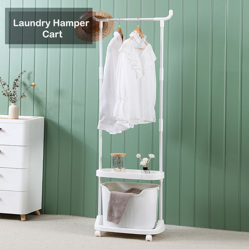 Locaupin Laundry Hamper Basket Shelf Cart Rolling Wheels with Hanging Bar Multipurpose Clothes Storage Rack Organizer
