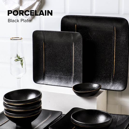 Locaupin Porcelain Catering Dish Serving Black Rice Bowl Snack Appetizer Plate For Steak Salad Pasta Restaurant Hotel Party Dinnerware