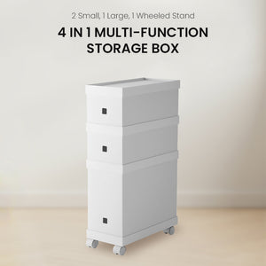Locaupin 4in1 Stackable Storage Box Organizer with Wheels Space Saver Narrow Type Cabinet Shelf for Wardrobe Kitchen Bathroom Hairdressing Salon