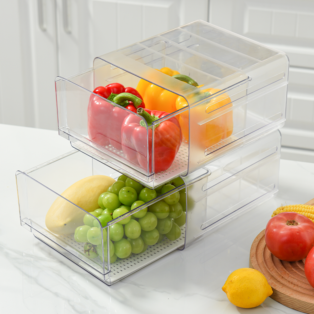 Locaupin Drawer Type Container Removable Drain Tray Refrigerator Food Storage Fruit Vegetable Fridge Organizer Fresh Keeper Bin