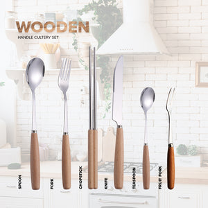 Locaupin Tableware Bamboo Handle Stainless Steel Cutlery Spoon Two Prong Fork Fruit Cake Knife Chopsticks Teaspoon Salad Appetizer Dinner Dish