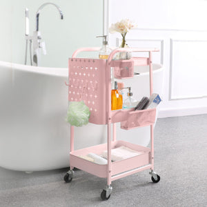 3-Tier Metal Storage Rolling Cart Modern Trolley with Removable Pegboard and Extra Basket Hooks