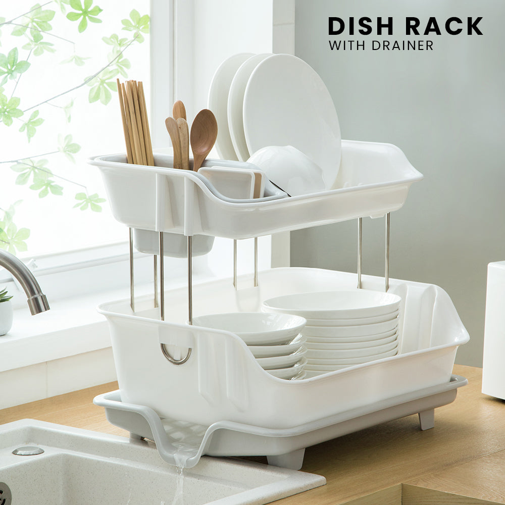 Dish Drying Rack for Kitchen Counter, 2 Tier with Drain Set Cup Holder  Utensil Holder Stainless Steel White 