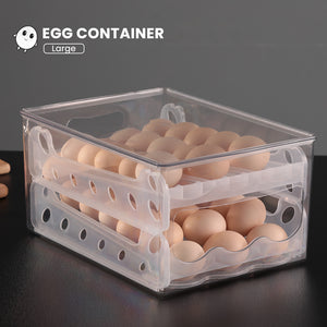 Locaupin Large Capacity Double Layer Auto Roll Egg Container Refrigerator Space Saver Storage Box Holder with Lid and Handle Kitchen Fridge Organizer Bin Camping Picnic Use
