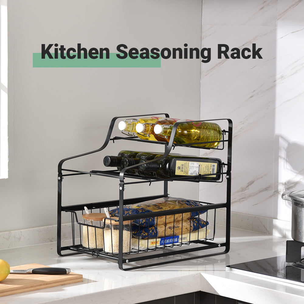 Locaupin 3-Tier Countertop Seasoning Holder Spice Rack Storage Drawer Basket Wire Shelf Pantry Kitchen Organizer