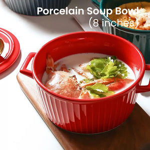 Locaupin Porcelain Large Soup Bowl Cookware Baking Pot Double Handle with Lid Lasagna Pan For Casserole, Food Heating, Salad