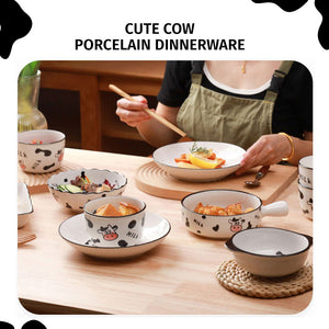 Locaupin Cute Cow Design Porcelain Dinnerware Dumpling Plate Soup Noodle Bowl Appetizer Snack Saucer Serving Dish Pot