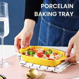 Locaupin Tableware Microwavable Oven Food Porcelain Baking Dish Pan Plate Casserole Rectangular Bakeware Double Handle Lasagna Pasta Cooking