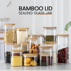 Locaupin Bamboo Lid Borosilicate Glass Canister Airtight Food Storage Container Pantry Organizer For Cereal Beans Sugar Baking Supply