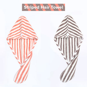Locaupin Stripes Design Strong Water Absorption Quick Drying Coral Velvet Hair Towel Cap Shower Head Twist Wrap with Button