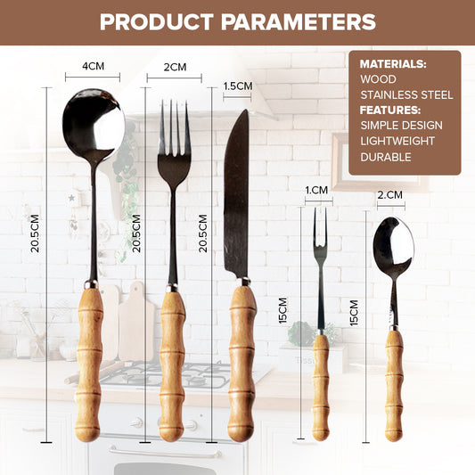 Locaupin Stainless Steel Bamboo Handle Silverware Cutlery Utensils Spoon Knife Two Prong Fruit Fork Teaspoon Dining Table Serving Dish Dessert Appetizer
