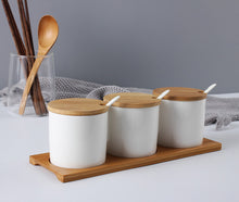 Load image into Gallery viewer, Locaupin Set of 3 Porcelain Bamboo Lid Kitchen Condiment Seasoning Jar Tray with Teaspoon Sugar Pepper Spice Pot Container
