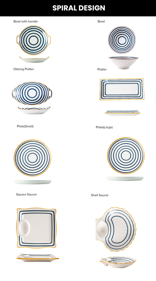 LOCAUPIN Spiral Japanese Porcelain Tableware Dining Plate Dip Soup Bowl Serving Platter Sauce Holder
