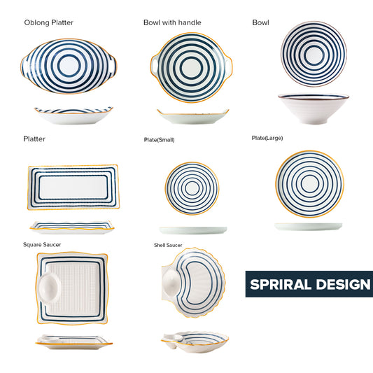 LOCAUPIN Spiral Japanese Porcelain Tableware Dining Plate Dip Soup Bowl Serving Platter Sauce Holder
