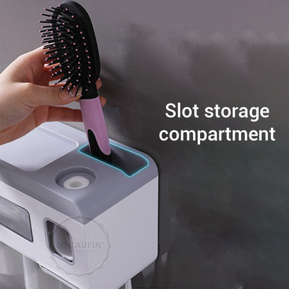Locaupin Wall Mounted Large Capacity Toothbrush Holder with Cups Bathroom Shelf Organizer Rack and Lazy Automatic Toothpaste Squeezer