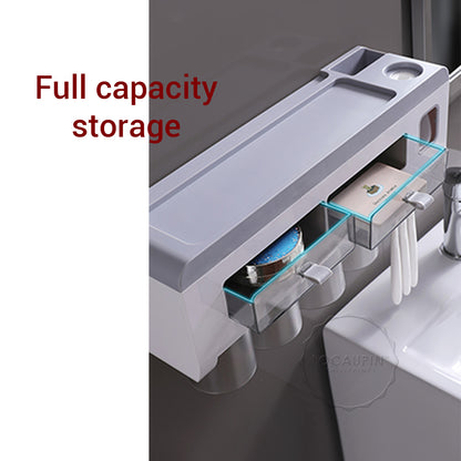 Locaupin Wall Mounted Large Capacity Toothbrush Holder with Cups Bathroom Shelf Organizer Rack and Lazy Automatic Toothpaste Squeezer