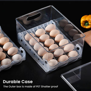 Locaupin Large Capacity Double Layer Auto Roll Egg Container Refrigerator Space Saver Storage Box Holder with Lid and Handle Kitchen Fridge Organizer Bin Camping Picnic Use