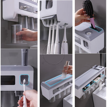 Locaupin Wall Mounted Large Capacity Toothbrush Holder with Cups Bathroom Shelf Organizer Rack and Lazy Automatic Toothpaste Squeezer