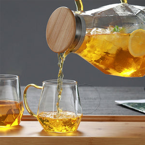 Locaupin Brosilicate Glass Diamond Design Heat-Resistant Pitcher Cup Mug Bamboo Lid Hot and Cold Beverages For Juice Water Iced Tea