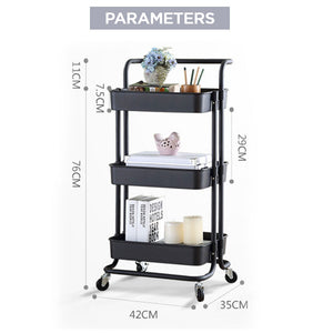 3-Tier Kitchen Utility PP Plastic Tray Trolley Shelf Rack Organizer with Locking Wheels and Handle