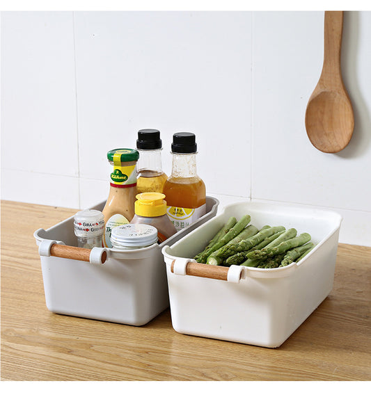 Locaupin Bathroom Clothes Sundries Basket Desktop Storage Box Toys Organizer Plastic Container Wood Handle