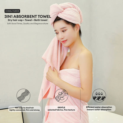 Locaupin 3in1 Set of Face Bath Towel Hair Cap Women Gift Shower Accessories Soft Absorbent Quick Drying Spa Hotel Travel Use