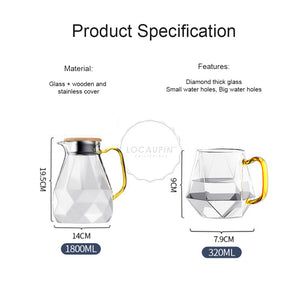 Locaupin Brosilicate Glass Diamond Design Heat-Resistant Pitcher Cup Mug Bamboo Lid Hot and Cold Beverages For Juice Water Iced Tea