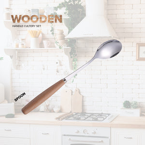 Locaupin Tableware Bamboo Handle Stainless Steel Cutlery Spoon Two Prong Fork Fruit Cake Knife Chopsticks Teaspoon Salad Appetizer Dinner Dish