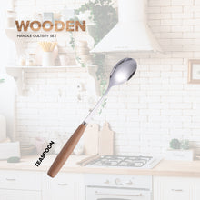 Load image into Gallery viewer, Locaupin Tableware Bamboo Handle Stainless Steel Cutlery Spoon Two Prong Fork Fruit Cake Knife Chopsticks Teaspoon Salad Appetizer Dinner Dish
